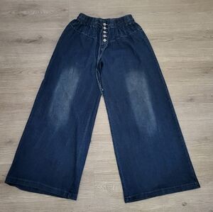 Denim Jeans with Button Detail Womens XS Elastic Waste Back Pockets Y2k Wide Leg